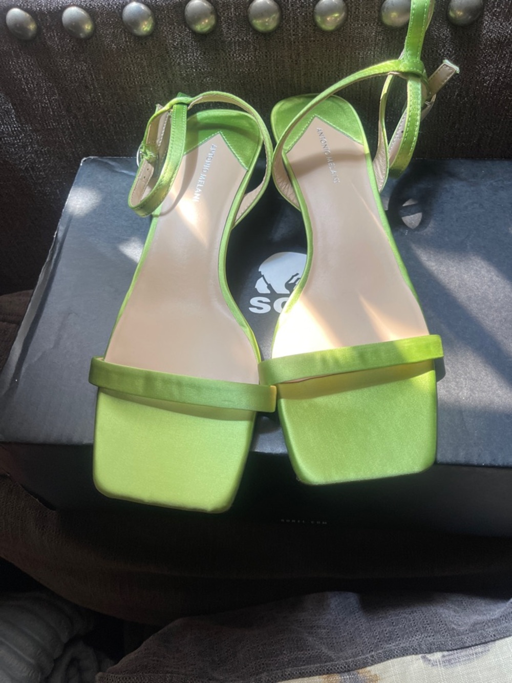 ANTONIO MELANI Lime Green Ankle-Strap Mid Heel Sandals - Picture 2 of 4